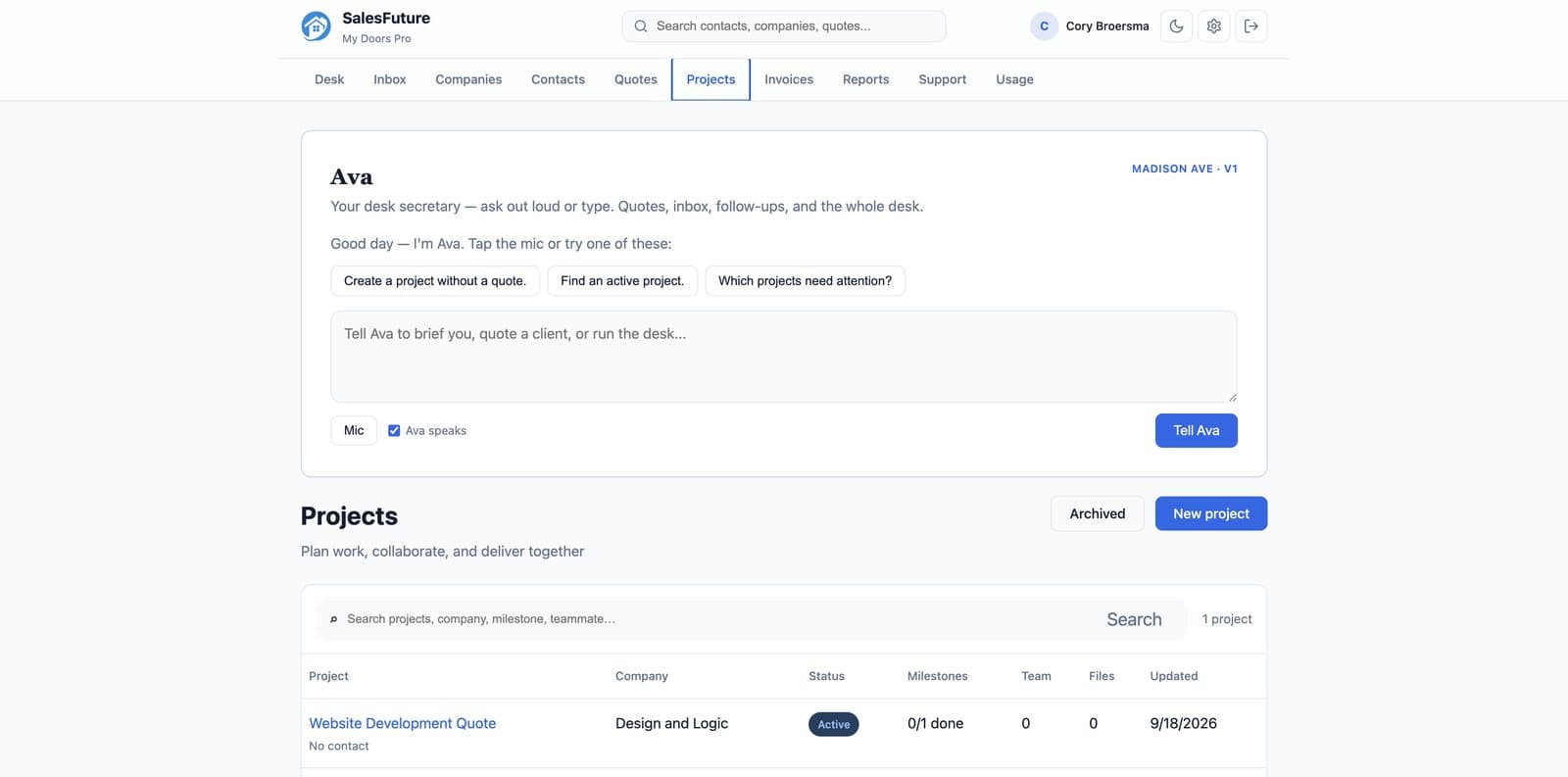Projects list with active work and milestones